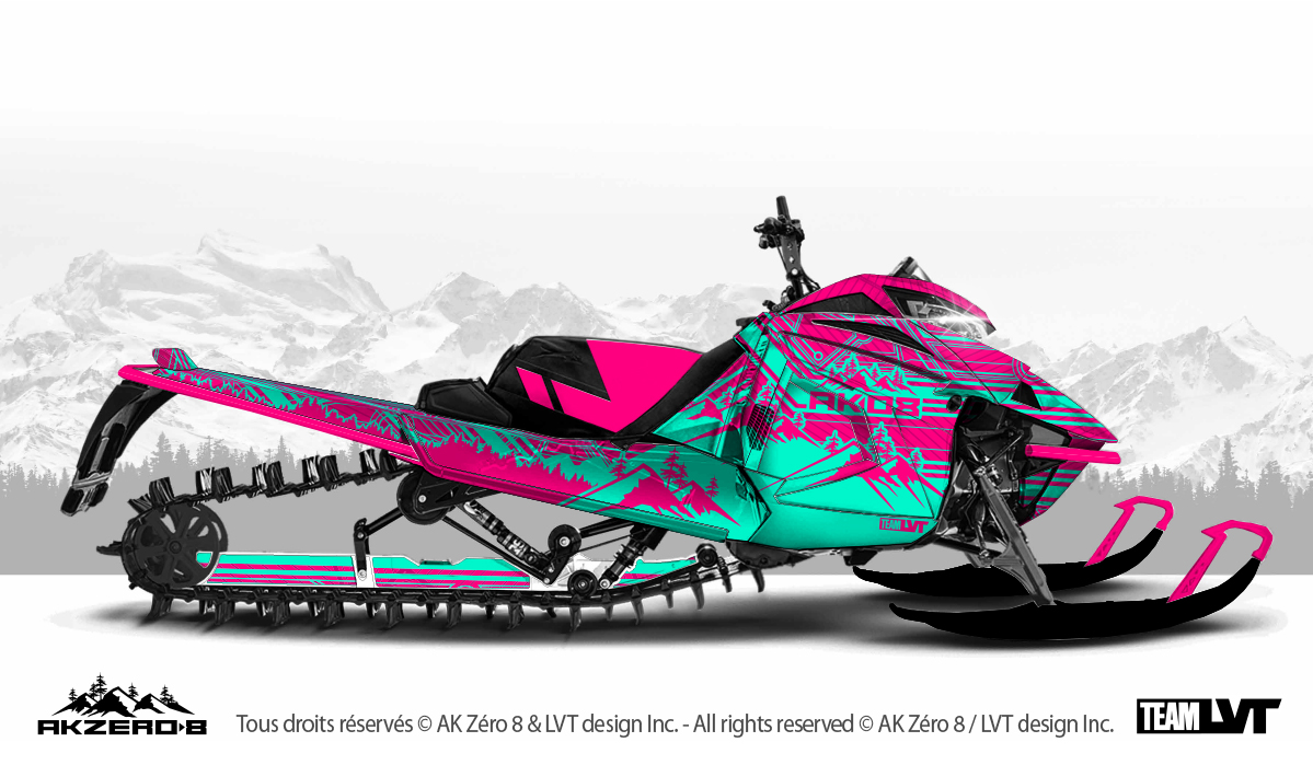 Kit graphique pour motoneige Artic-Cat - Boreal couleur turquoise et rose Kit graphique pour motoneige Arctic-Cat - Design de couleur turquoise et rose