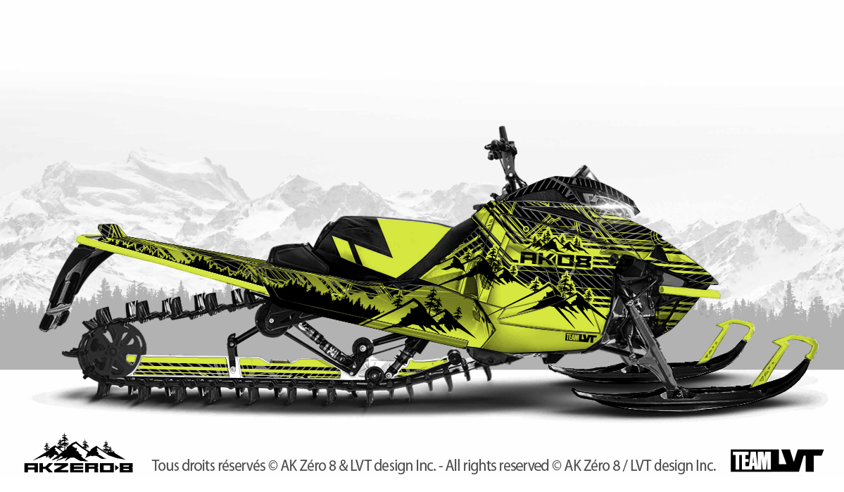 Kit graphique pour motoneige Arctic-Cat - Boreal couleur vert fluo Kit graphique pour motoneige Arctic-Cat - Design de couleur vert fluo